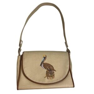 VTG 'The Original Florida Keys Handbag' Beige Brown Pelican Messenger Bag Retro